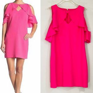NWT Trina Turk Coto de Caza Ruffle Cold Shoulder Sheath Dress, 10, Flamingo Pink